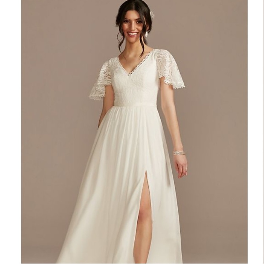 David's Bridal Lace Chiffon Flutter Sleeve Wedding Dress